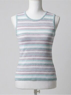 Vintage H&M Hennes Metallic Glitter Pastel Striped Knit Sleeveless Top Size Med